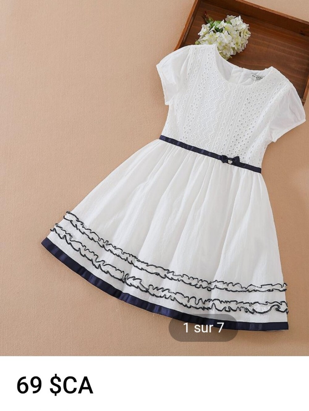 Kuyee Bear Girls Quality White Dress with Navy Trim - Elegant 5T Cotton